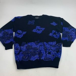 Vintage Ja Lynn Metallic Blue & Black Sweater Crew neck with Sparkle Large